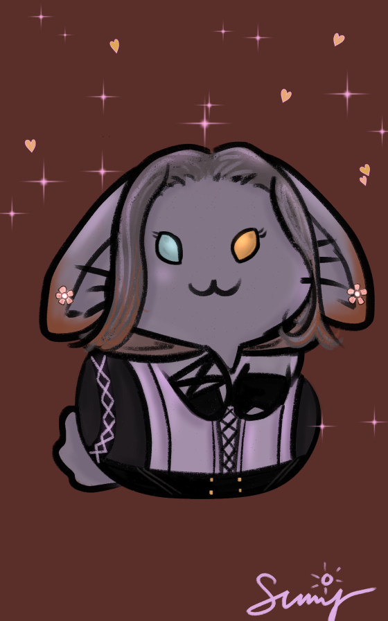 Thank-you bunny art for Ahnn Monk: a lop-eared bunny in a black and lavender corseted gown with heterochromatic teal and amber eyes, framed by soft pink flowers and sparkles