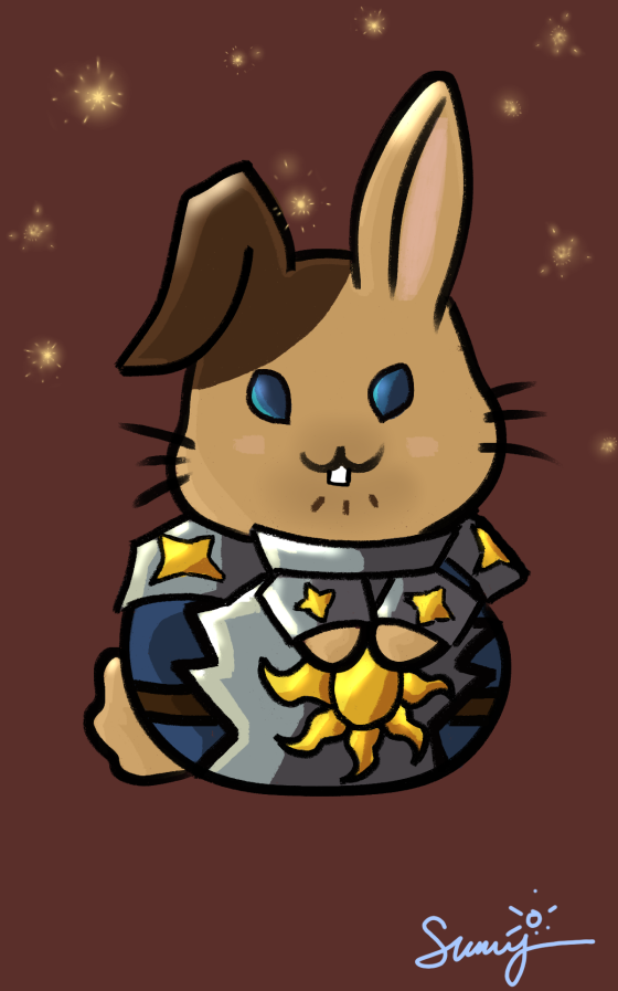 Thank-you bunny art for EverybodyLoves Nathaniel: a stoic warrior bunny in silver and navy plate armor bearing a golden sun crest, surrounded by starlight