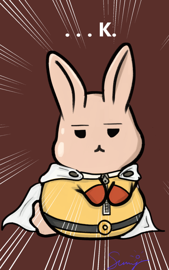 Thank-you bunny art for Exiled Zown: a deadpan caped bunny in a yellow jumpsuit with red belt and white cape, framed by sharp speed lines and a dry ‘…K.’