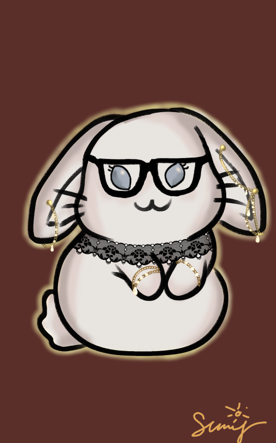 Thank-you bunny art for Izanami Oshiga: a poised white bunny in studious glasses and a black lace collar, adorned with delicate gold jewelry and ear chains