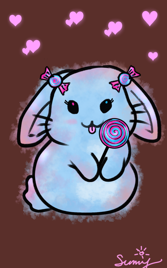 Thank-you bunny art for Mellow Griesoux: a pastel blue and pink cotton-candy bunny with candy hair clips, holding a swirled lollipop beneath a sky of pink hearts