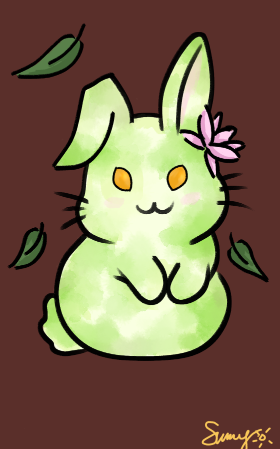 Thank-you bunny art for Nikko Musashi: a serene green leafy bunny with a pink blossom tucked behind its ear, surrounded by falling leaves