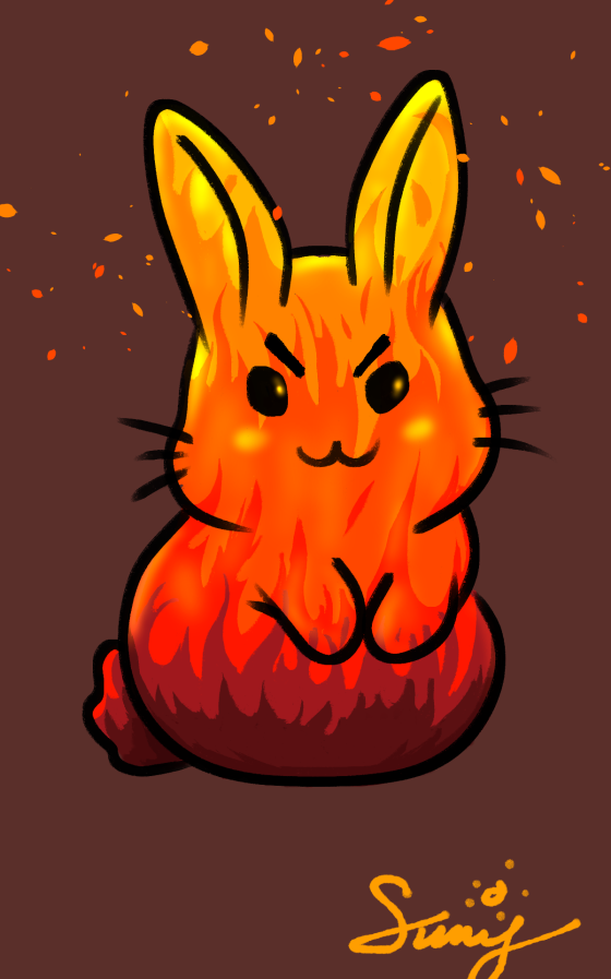 Thank-you bunny art for WhereAreYouJVZ: a fierce bunny formed of orange and red flame, embers drifting upward around it