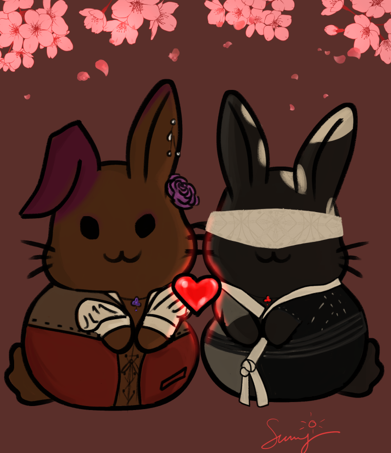 Thank-you bunny art for Zaria Fanel and Eizen: a brown bunny in a red and cream coat beside a black bunny in a martial gi with a light headband, a small red heart between them beneath cherry blossoms